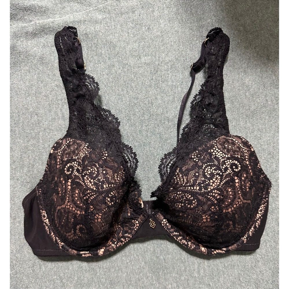 ThirdLove 24/7 Lace Contour Plunge Bra Black Taupe Floral 32D